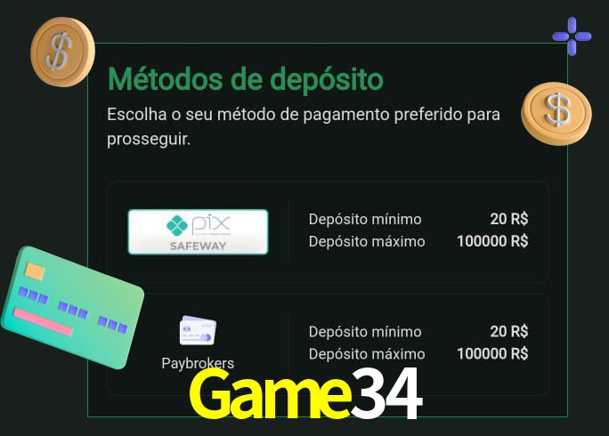 O cassino Game34 oferece uma grande variedade de métodos de pagamento